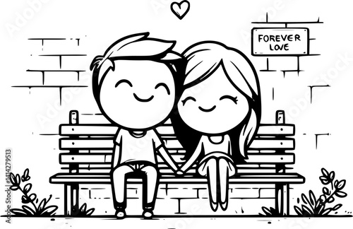 Romantic cartoon couple sitting on a bench, smiling and gazing into each other's eyes with love – a heartwarming vector of young affection, connection, and mutual happiness