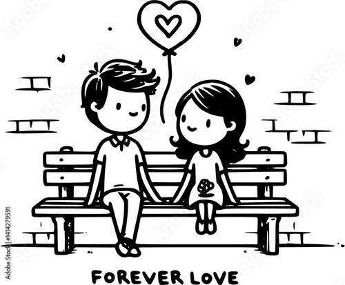 Young romantic couple sitting on a park bench with a heart-shaped balloon between them – a sweet cartoon vector capturing love, warmth, and playful affection in a charming outdoor scene