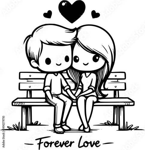 Sitting on the bench love couple stick figure vector, romantic couple illustration under tree, hand-drawn newlyweds clipart, cute park bench moment, wedding love silhouette