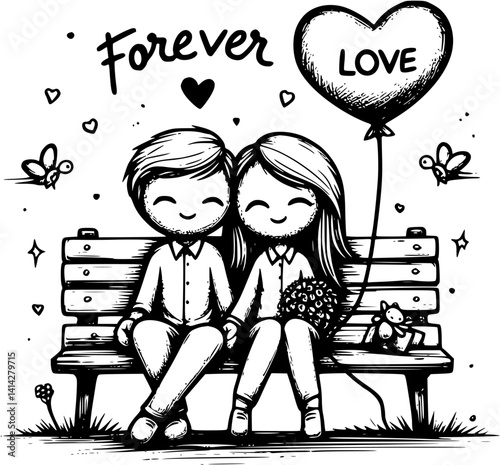 Sitting on the bench love couple stick figure vector, romantic couple illustration under tree, hand-drawn newlyweds clipart, cute park bench moment, wedding love silhouette