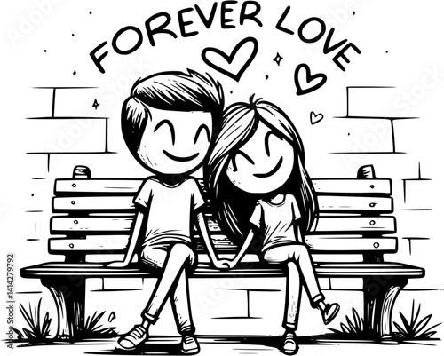 Sitting on the bench love couple stick figure vector, romantic couple illustration under tree, hand-drawn newlyweds clipart, cute park bench moment, wedding love silhouette