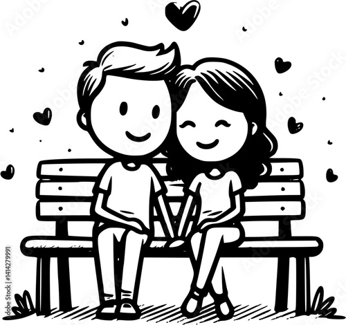 Young romantic couple sitting on a park bench, sharing a peaceful love moment – a cute cartoon vector illustration of young lovers enjoying time together outdoors.