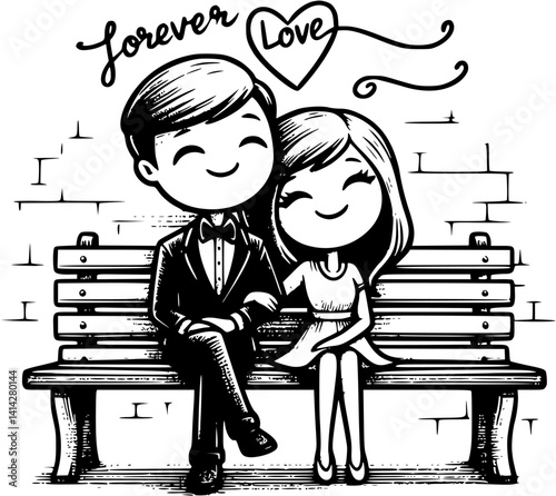 Sitting on the bench love couple stick figure vector, romantic couple illustration under tree, hand-drawn newlyweds clipart, cute park bench moment, wedding love silhouette