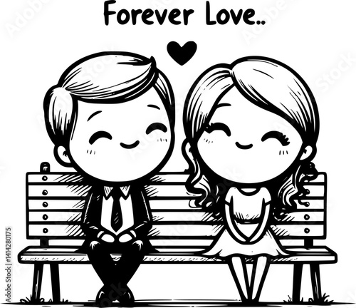 Sitting on the bench love couple stick figure vector, romantic couple illustration under tree, hand-drawn newlyweds clipart, cute park bench moment, wedding love silhouette