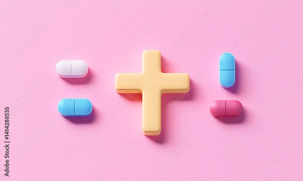 Obraz premium pink and white pills, cross, symbol, montage, people, religion, 3d, animation, sign, illustration, icon, medical, vector, health, crucifix, image, easter, christ, church, business, god, love,