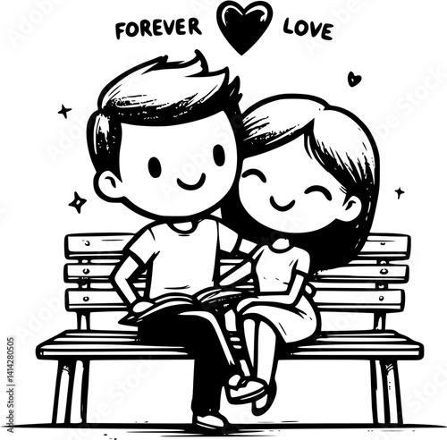 Romantic wedding couple illustration with groom's arm around bride, lovingly gazing into each other’s eyes – a sweet cartoon vector of true love on their special day