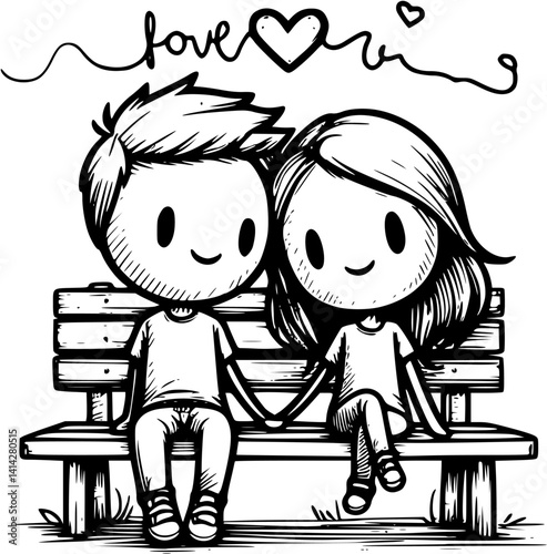 Smiling young couple sitting on a park bench, gazing into each other's eyes with love – a sweet cartoon vector of romantic connection and emotional closeness in a peaceful momen