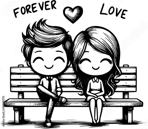 Sitting on the bench love couple stick figure vector, romantic couple illustration under tree, hand-drawn newlyweds clipart, cute park bench moment, wedding love silhouette