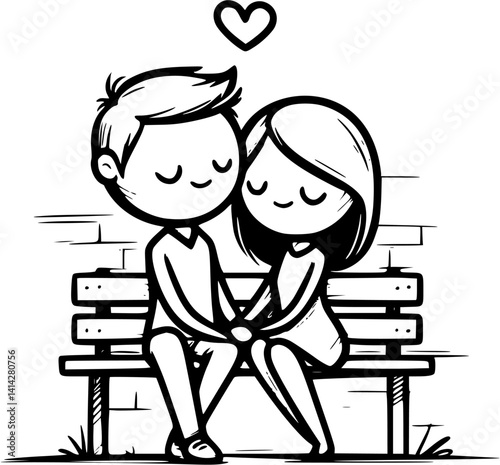 Romantic couple sitting on a park bench vector illustration, hand-drawn lovers sharing a peaceful moment, cozy outdoor love scene, wedding couple resting together, cute and intimate clipart