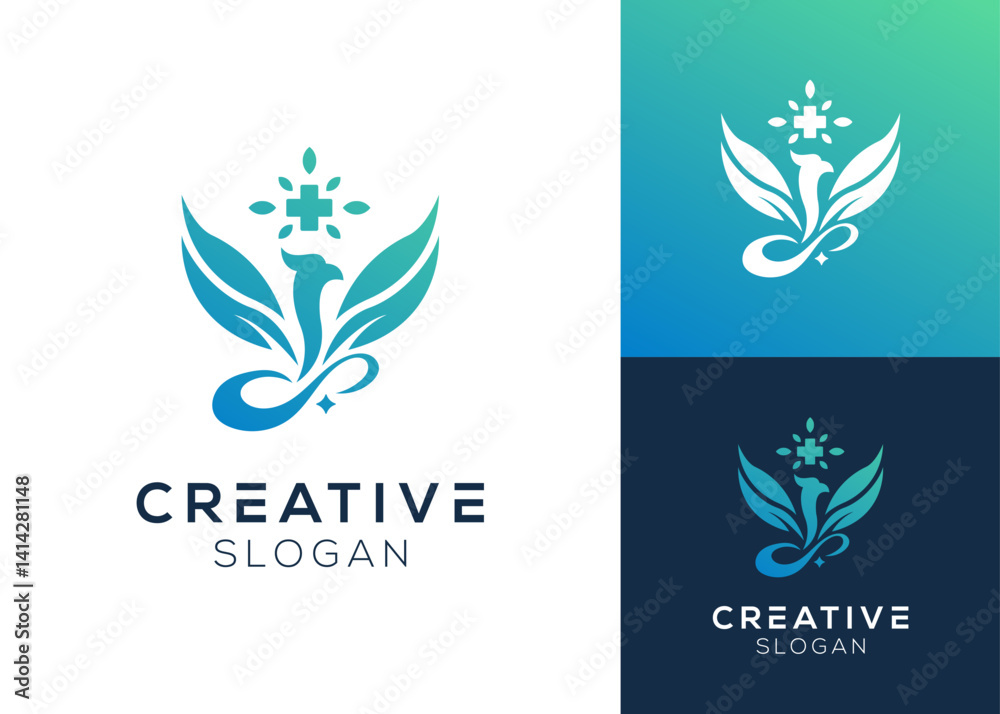 Falcon or eagle with leaf and cross elements logo design for health and wellness Falcon or eagle with leaf and cross elements logo design for health and wellness
