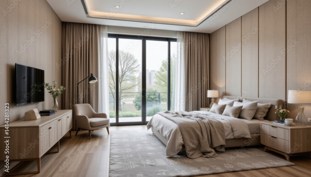 Fototapeta premium Modern bedroom interior design urban apartment photography contemporary style wide view tranquil ambiance