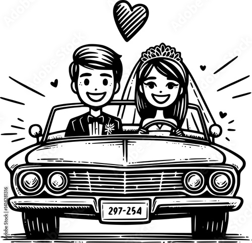 Just married wedding car with floral decorations, bride and groom driving away illustration, romantic getaway vehicle vector, vintage wedding car clipart, newlyweds in love car 2