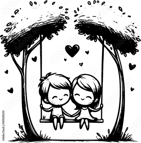 Romantic couple sitting on a swing hanging from a tree branch, love couple silhouette vector, cute stick figure lovers swinging illustration, peaceful nature moment, wedding swing scene clipart.