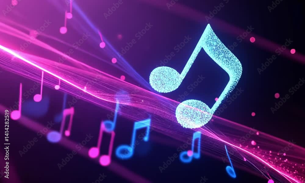 Abstract music note design, glowing neon effect, digital art
