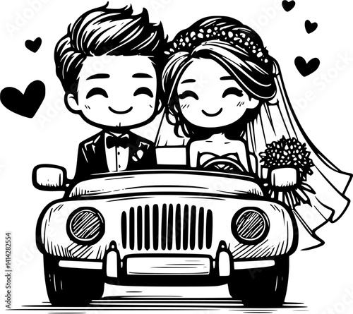 lovely couple is driving wedding car with heart bubbles