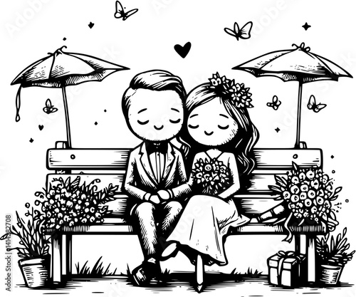 Sitting on the bench love couple stick figure vector, romantic couple illustration under tree, hand-drawn newlyweds clipart, cute park bench moment, wedding love silhouette