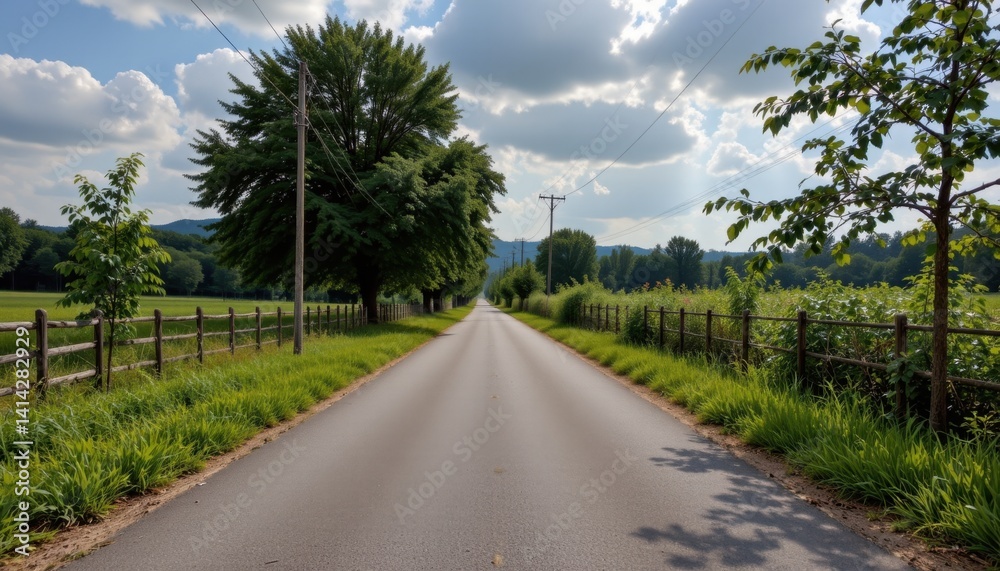 Scenic pathway journey rural area photography lush greenery eye-level view nature's tranquility Scenic pathway journey rural area photography lush greenery eye-level view nature's tranquility