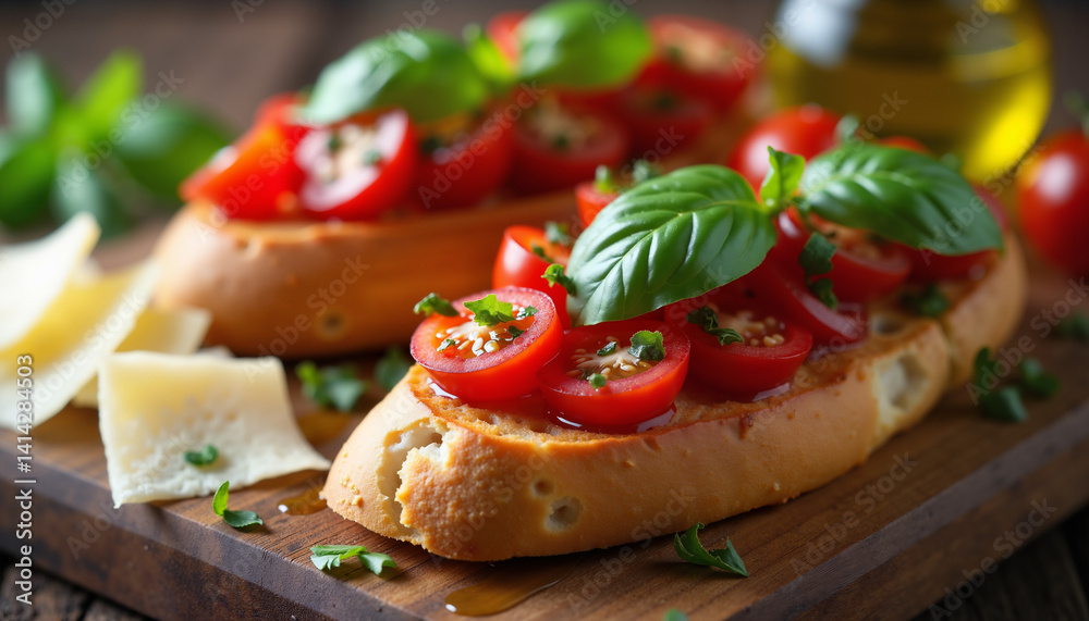 Fresh tomato bruschetta with basil on wooden board Fresh tomato bruschetta with basil on wooden board