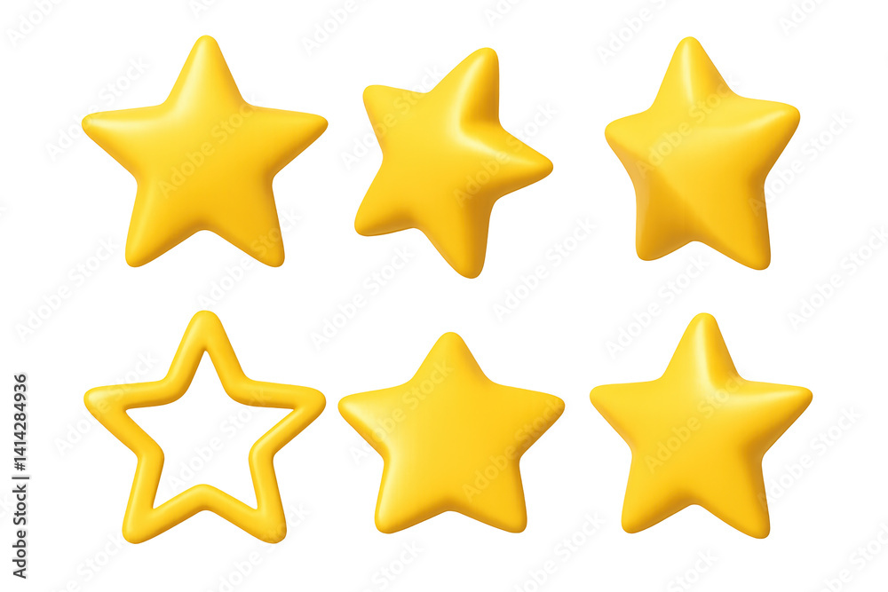 Six yellow stars in different shapes and designs on transparent background Six yellow stars in different shapes and designs on transparent background