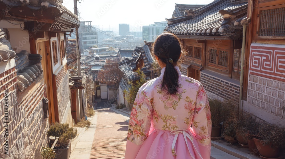 Fototapeta premium Back view of korean asian woman in traditional korean dress or hanbok dress walking in old palace in night with full moon, Seoul city, South Korea,copy space.