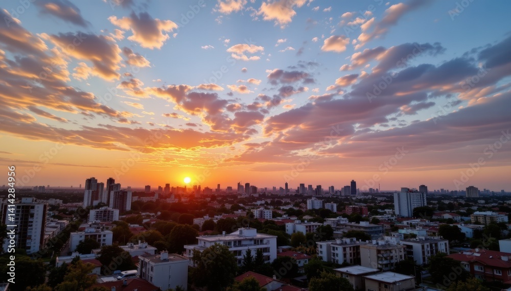 Obraz premium Stunning sunset over city skyline urban landscape aerial view vibrant colors evening serenity