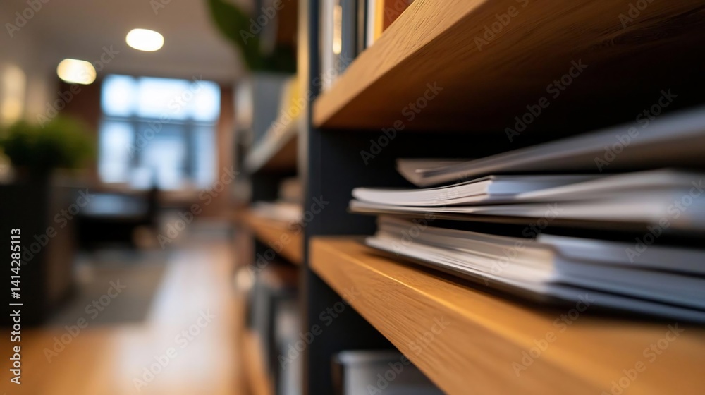 Close-up view of a wooden shelf with stacked papers and books, set against a blurred interior office background. The image showcases textures and details Close-up view of a wooden shelf with stacked papers and books, set against a blurred interior office background. The image showcases textures and details
