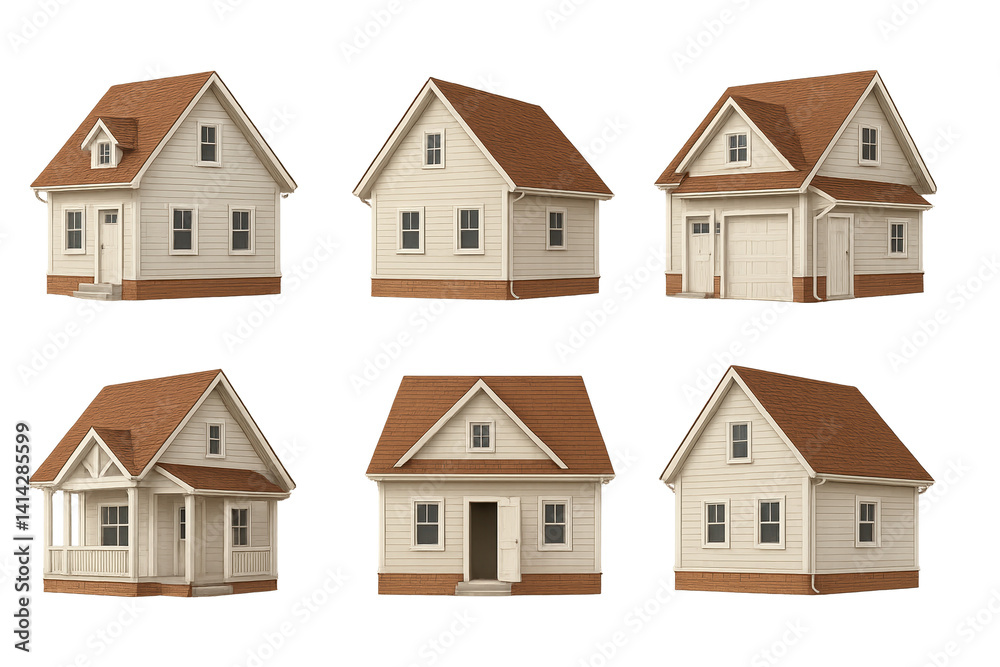 Six small house models with brown roofs and beige walls on transparent background Six small house models with brown roofs and beige walls on transparent background