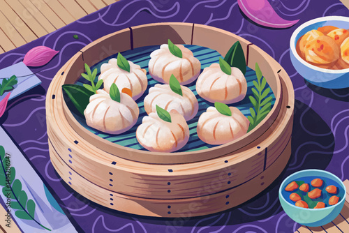 Chinese prawn dumplings dim sum vector placed in a bamboo steamer on the table, illustration food background