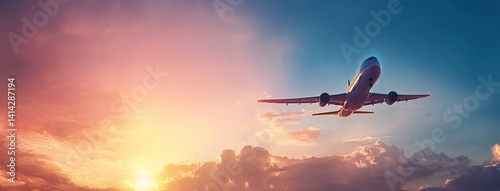 Passenger Airplane Flying at Sunset with Bokeh Sky Background, Panoramic Banner for Air Travel Concept and Web Design with Copy Space
