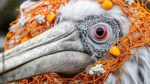 Pelican entangled in fishing nets, a tragic consequence of marine pollution. photo