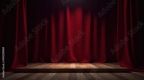 Empty stage with rich red velvet curtains and wooden floorboards, ready for a performance or presentation.