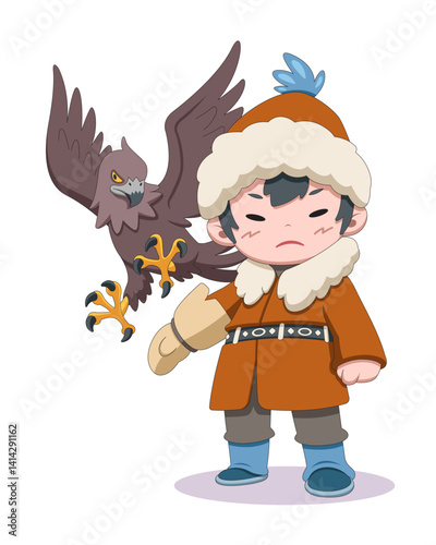 Cute style Mongolian eagle hunter cartoon illustration