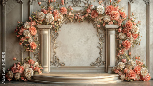 Vintage blank podium of Elegant vintage podium with floral arch and ornate details, perfect for showcasing products for product mockup