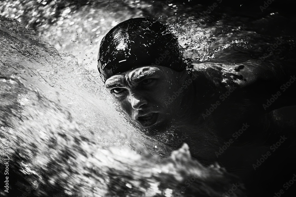 Fototapeta premium A determined swimmer powering through water with intense focus and energy