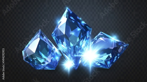 Wallpaper Mural Cluster of three magical sapphires with varying sizes arranged in triangular composition, glowing cerulean to azure gradient core, star-shaped light burst effect at center, clean vectorized edges Torontodigital.ca