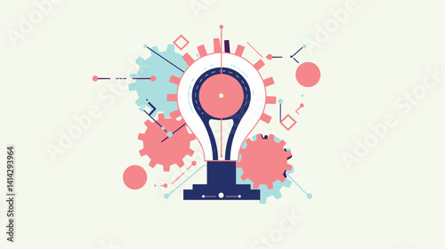 Innovative abstract design with light bulb and gears in blue and pink flat vector illustration
