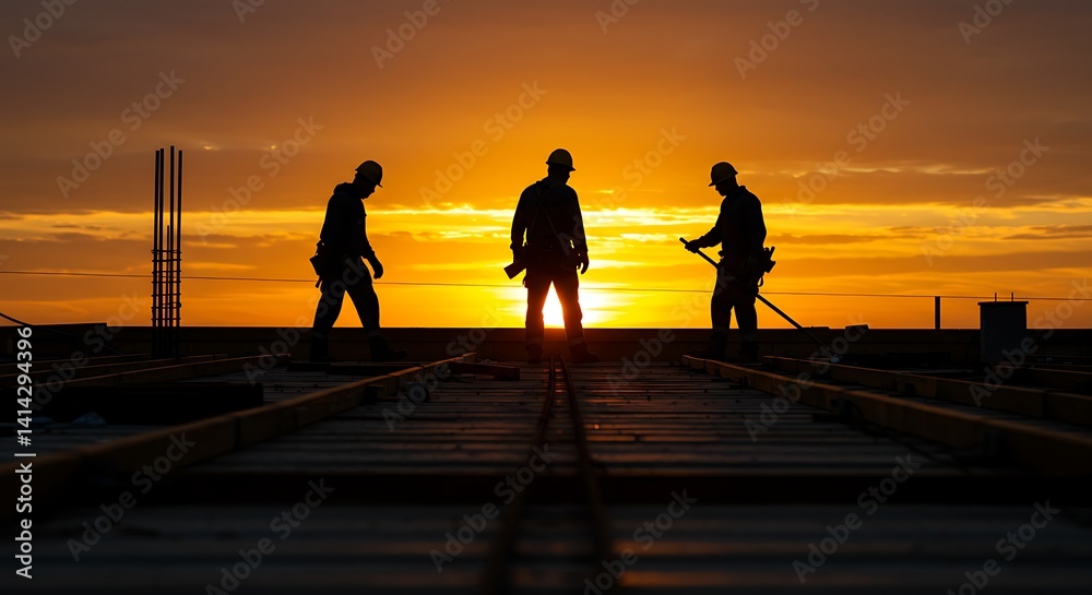 Fototapeta premium Sunset Silhouettes: Construction Workers at Golden Hour