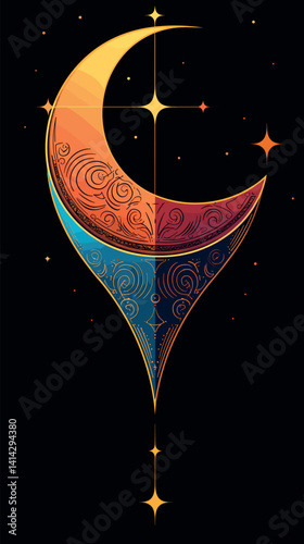 Elegant crescent moon with intricate patterns and stars on black background flat vector illustration