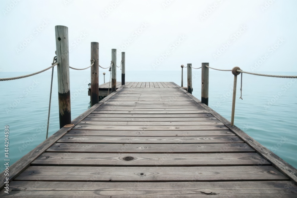 Wooden pier extending over tranquil water on a misty day, offering a serene and peaceful view of the horizon. Wooden pier extending over tranquil water on a misty day, offering a serene and peaceful view of the horizon.