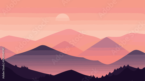 Serene sunrise over stylized mountains in calming pink tones flat vector illustration