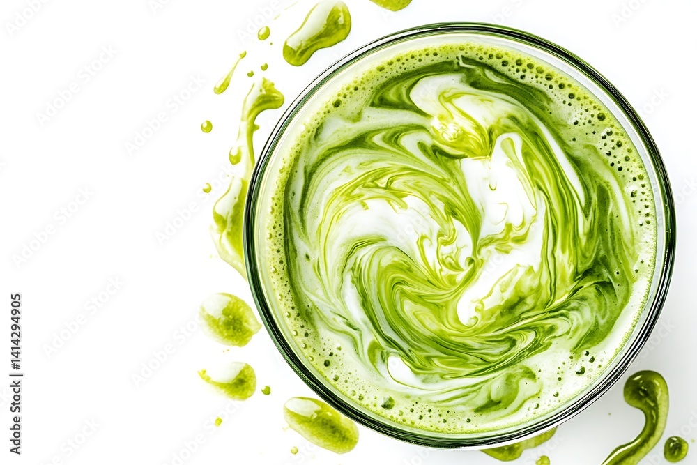 Obraz premium Iced Matcha Latte with Swirls of Milk on White