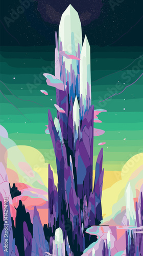 Abstract landscape with colorful crystal spires and starry sky background flat vector illustration