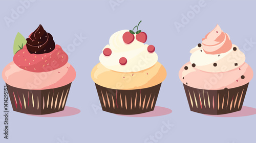 Delicious assorted cupcakes with frosting and toppings on a light background flat vector illustration