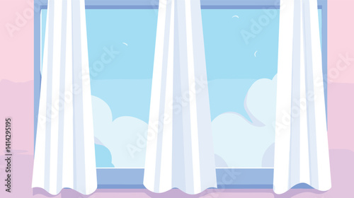 Illustration of a sunny day through a window with white curtains flat vector illustration