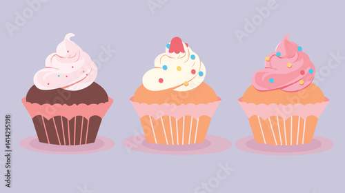 Trio of colorful cupcakes with decorative frosting and sprinkles flat vector illustration