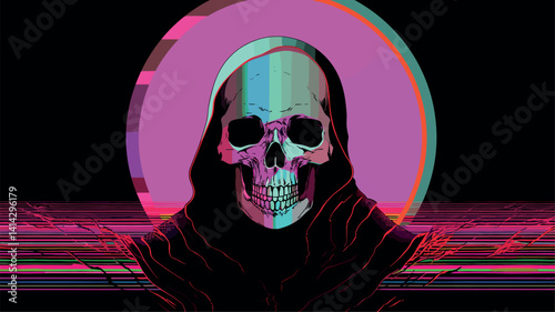 Neon skull with hood and glitch effect in retro aesthetic flat vector illustration