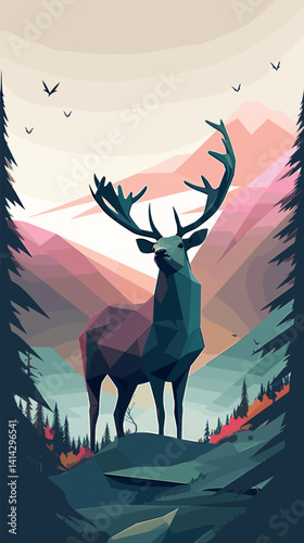 Geometric deer in mountain landscape with colorful sunset and forest silhouette flat vector illustration