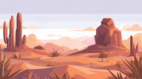 Desert landscape with cacti and rocky formations in a sunset glow flat vector illustration