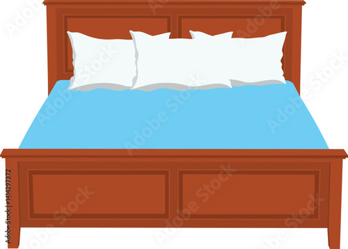 Wooden bed vector illustration with blue bedding and pillows – classic bedroom furniture design, cozy sleeping bed clipart, interior decor element, flat style isolated on white background.