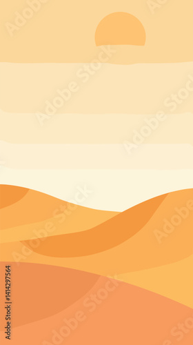 Minimalist desert landscape with sun and sand dunes in warm tones flat vector illustration